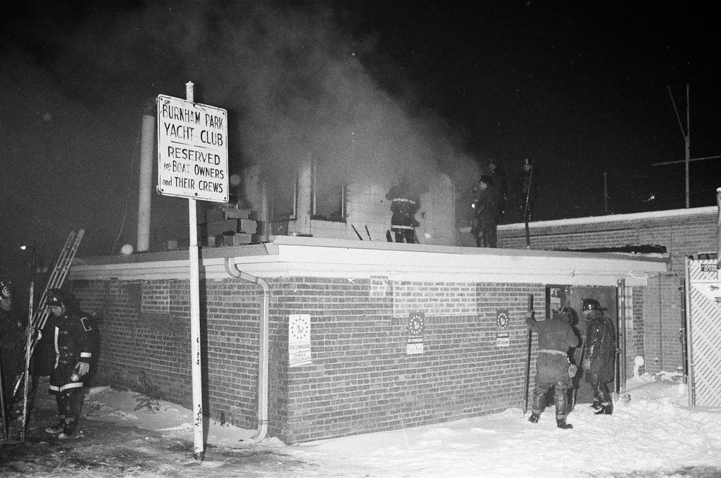 Fire at Burnham Harbor Yacht Club - Chuck (Charles) Kirman for Chicago Sun-Times