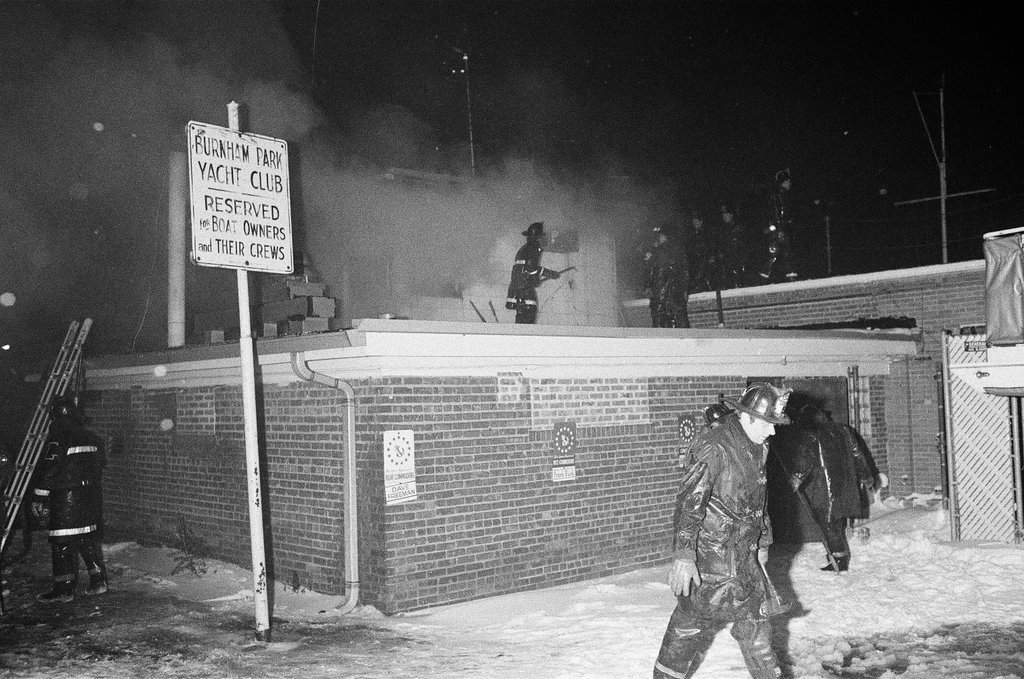 Fire at Burnham Harbor Yacht Club - Chuck (Charles) Kirman for Chicago Sun-Times