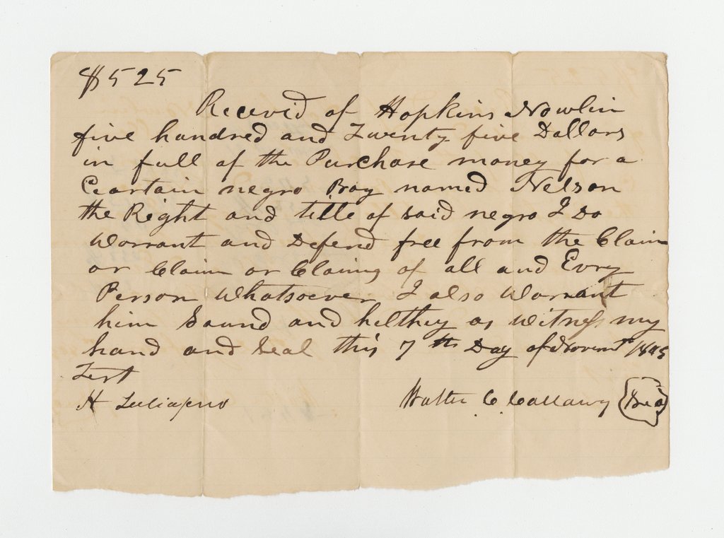 Bill of sale for enslaved boy Nelson