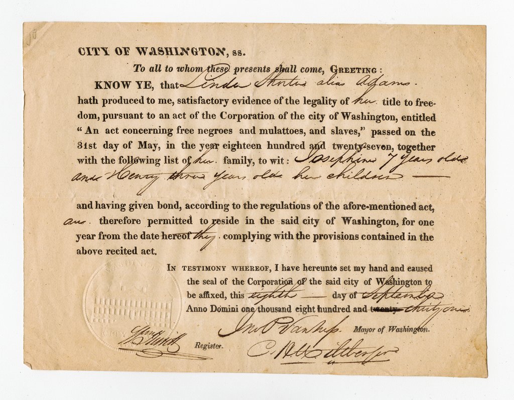 Certificate of freedom for enslaved woman