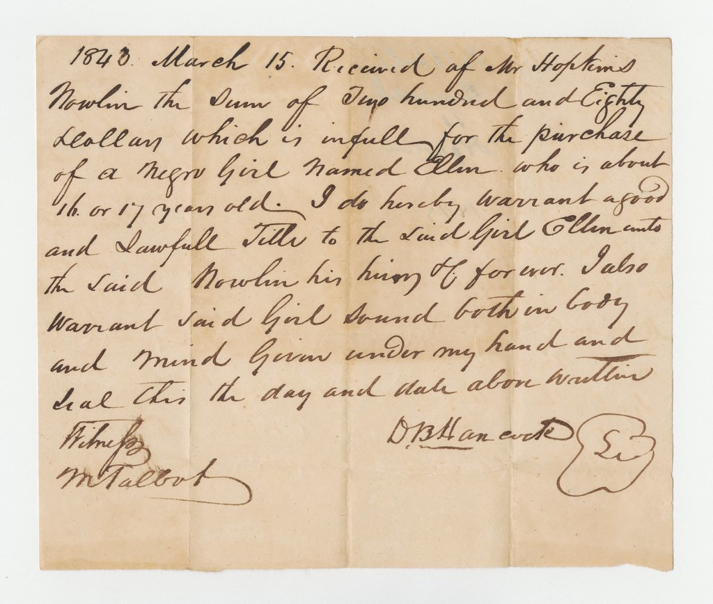 Bill of sale for enslaved girl Ellen