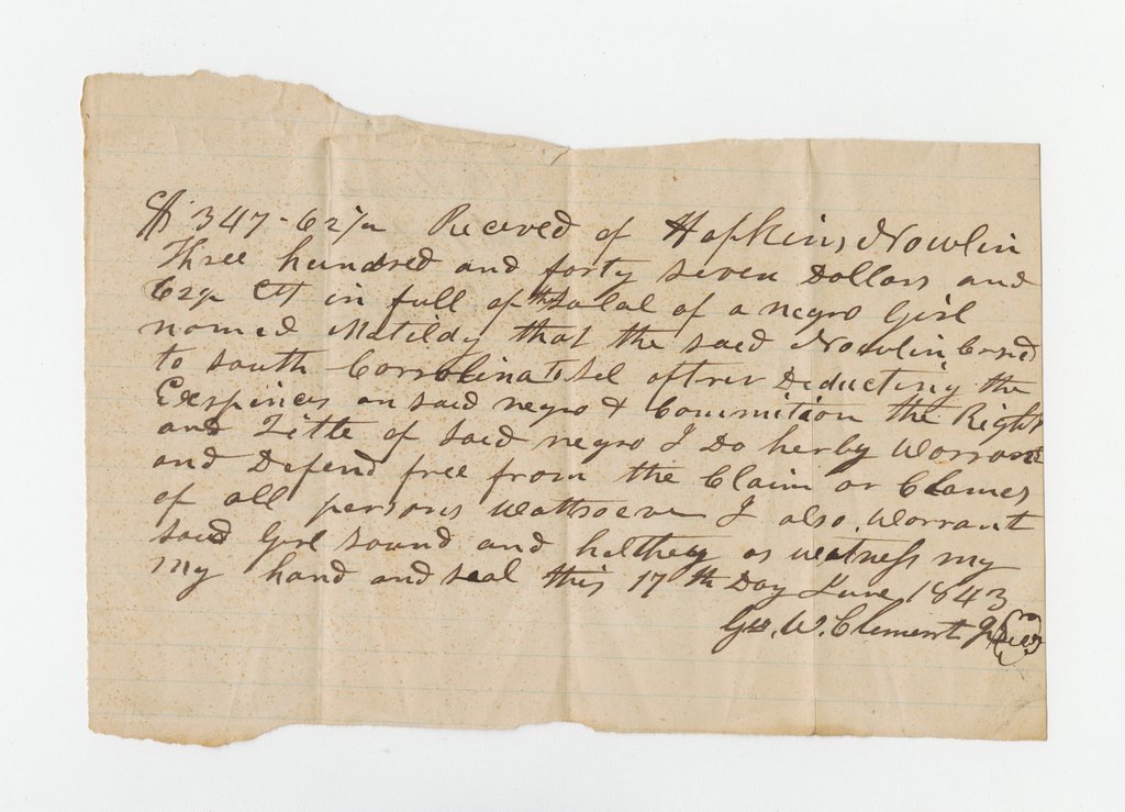 Bill of sale for enslaved girl Matildy