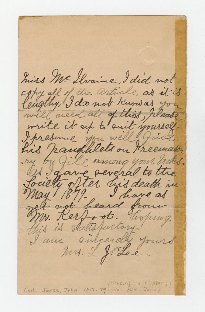 Letter from Lavinia Jones Lee to the Chicago Historical Society - Lee, Lavinia Jones