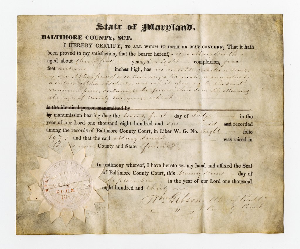 Manumission of Mary Smith - State of Maryland