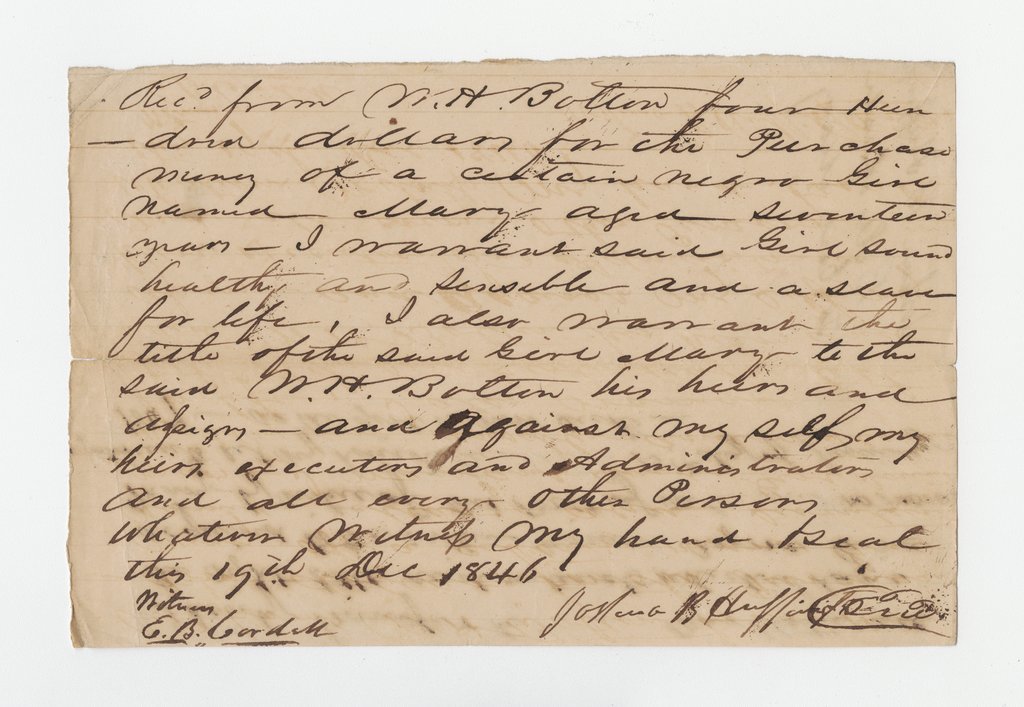 Bill of sale for enslaved girl Mary