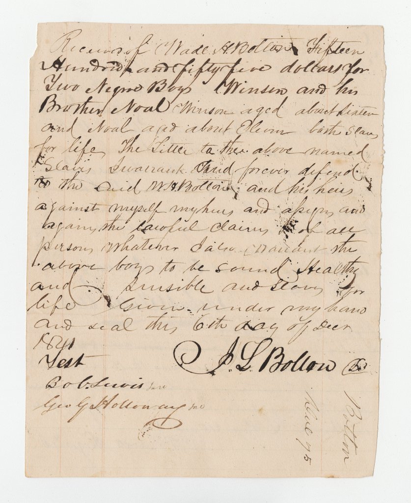 Letter regarding a bill of sale for enslaved people
