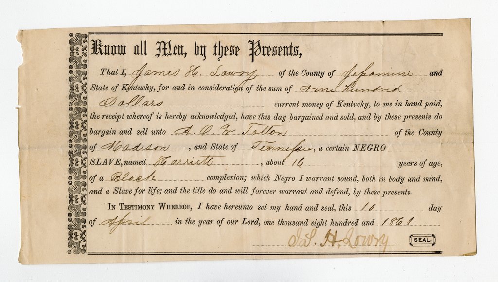 Receipt of sale for enslaved woman Harriett - Lowry, James