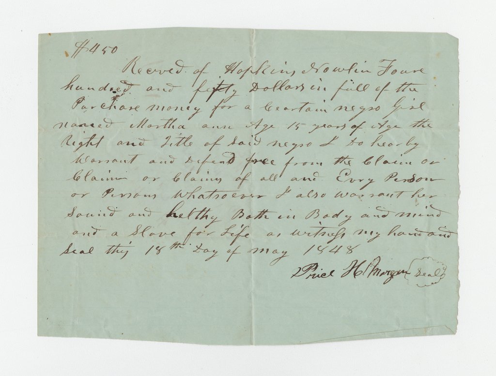 Bill of sale for enslaved girl Martha