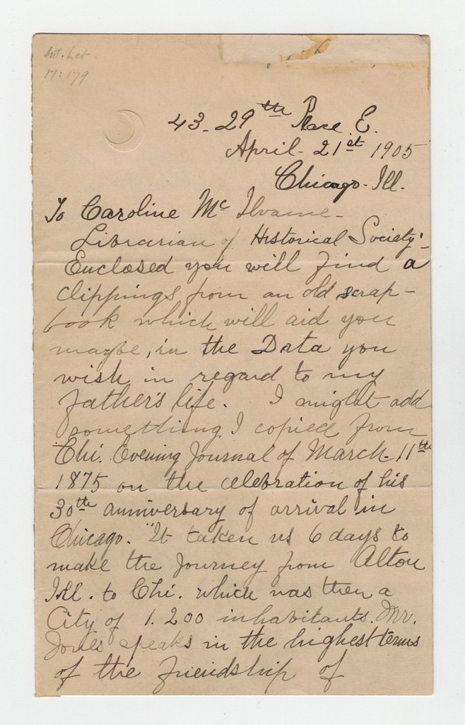 Letter from Lavinia Jones Lee to the Chicago Historical Society - Lee, Lavinia Jones