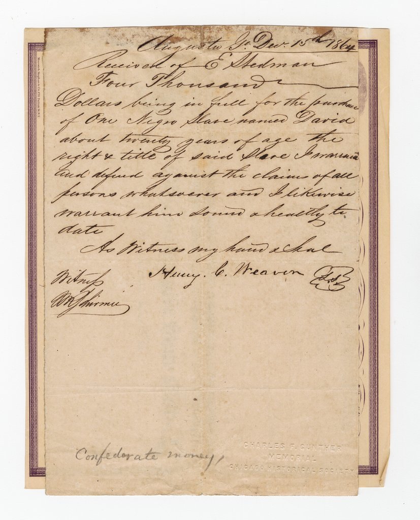 Receipt of sale for enslaved man David