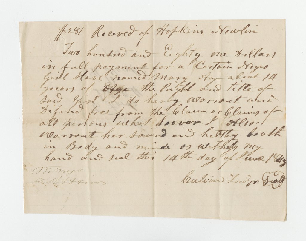 Bill of sale for enslaved girl Mary