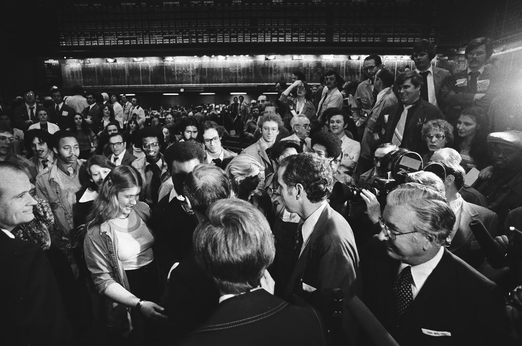 Mayor Michael Bilandic and Robert K. Wilmouth at Board of Trade birthday - Perry C. Riddle for Chicago Sun-Times