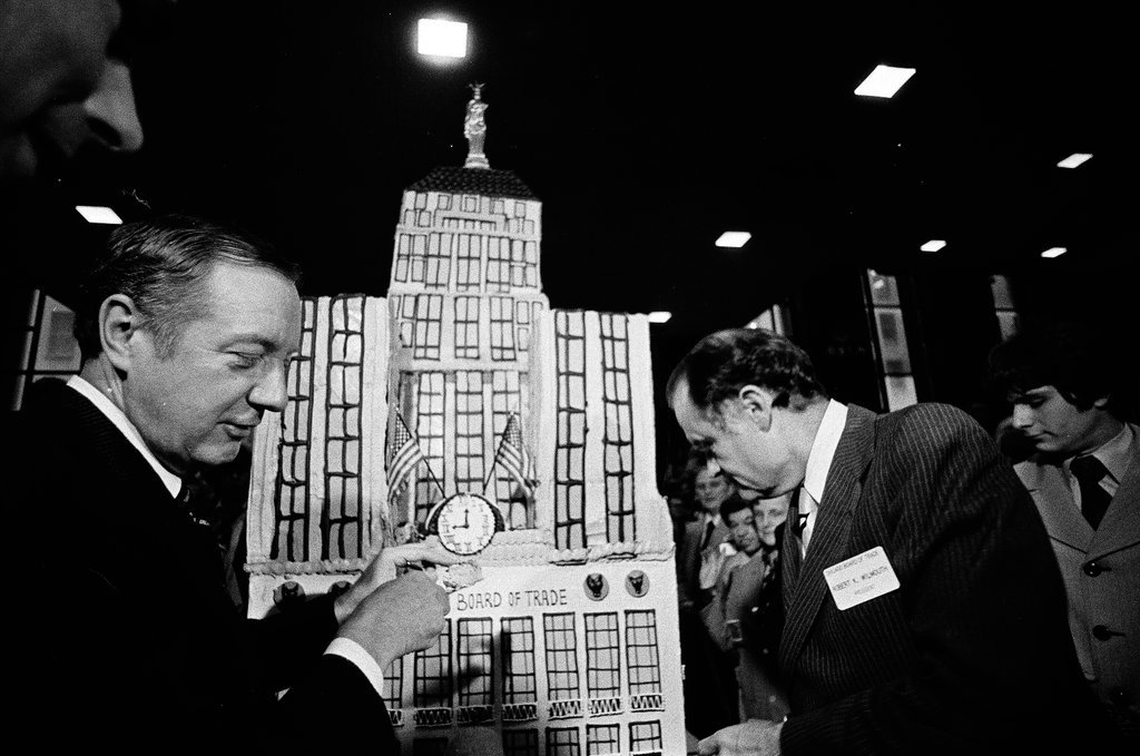 Mayor Michael Bilandic and Robert K. Wilmouth at Board of Trade birthday - Perry C. Riddle for Chicago Sun-Times