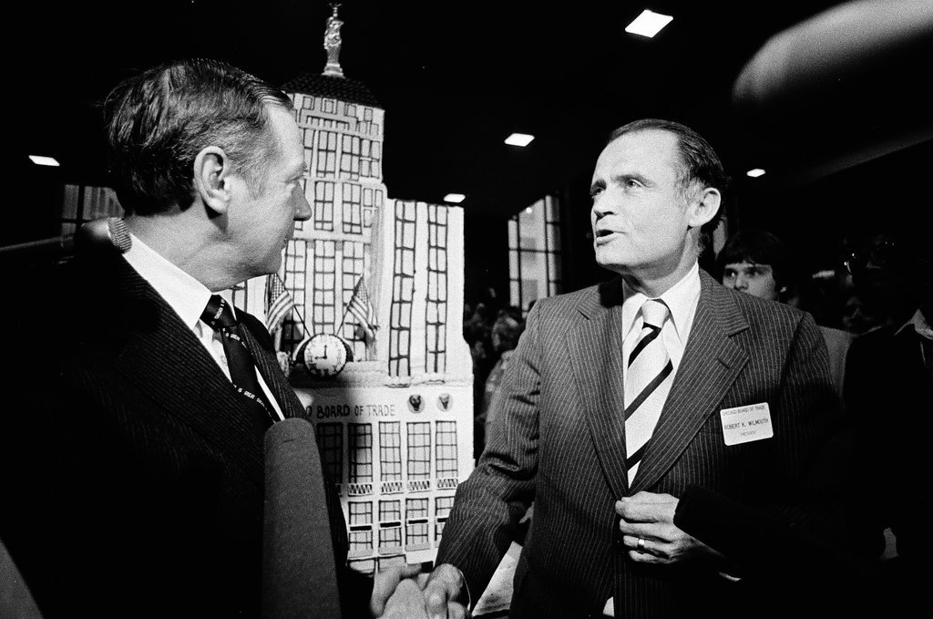 Mayor Michael Bilandic and Robert K. Wilmouth at Board of Trade birthday - Perry C. Riddle for Chicago Sun-Times