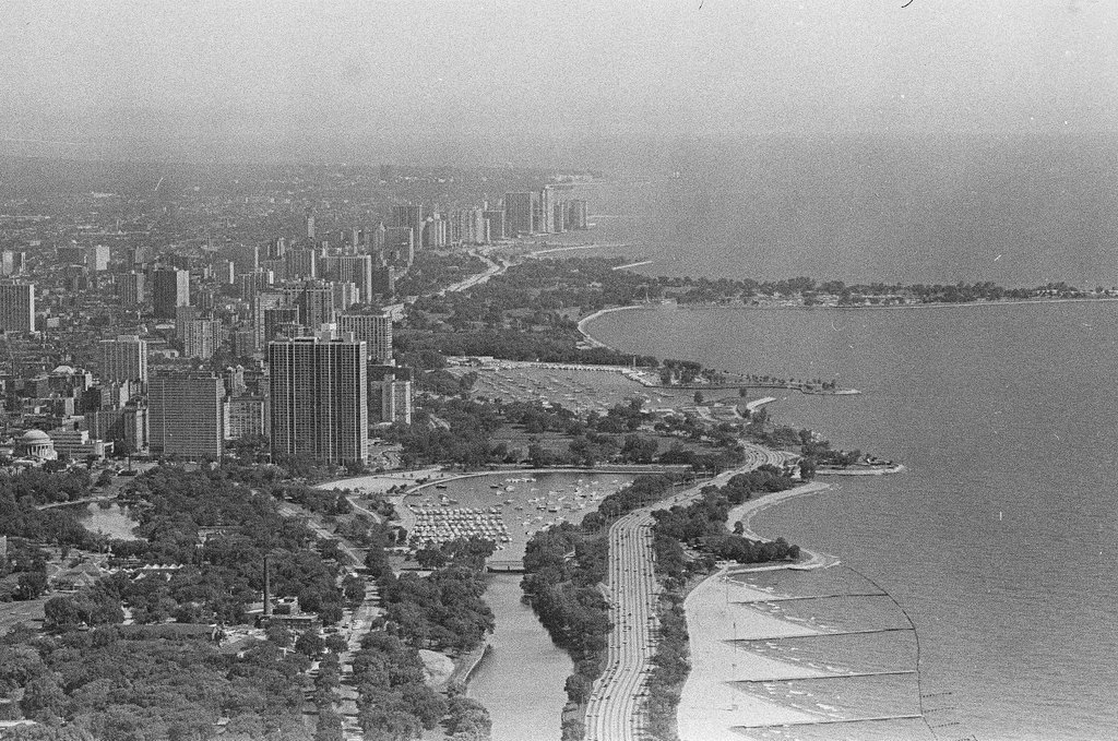 Oak Street Beach view from skyscraper - Peters (Clarence or Pete) for Chicago Sun-Times