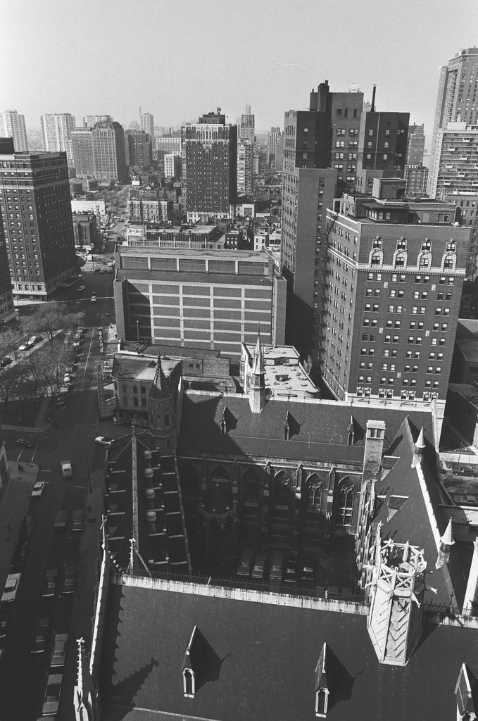 Aerial view of water tower and skyscraper construction - Bob Langer for Chicago Sun-Times