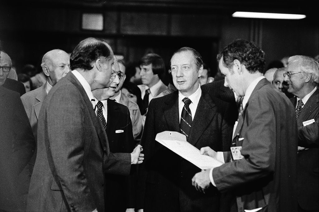 Mayor Michael Bilandic and Robert K. Wilmouth at Board of Trade birthday - Perry C. Riddle for Chicago Sun-Times
