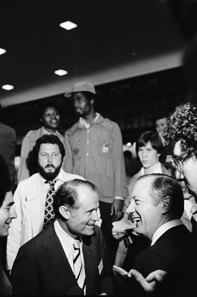 Mayor Michael Bilandic and Robert K. Wilmouth at Board of Trade birthday - Perry C. Riddle for Chicago Sun-Times