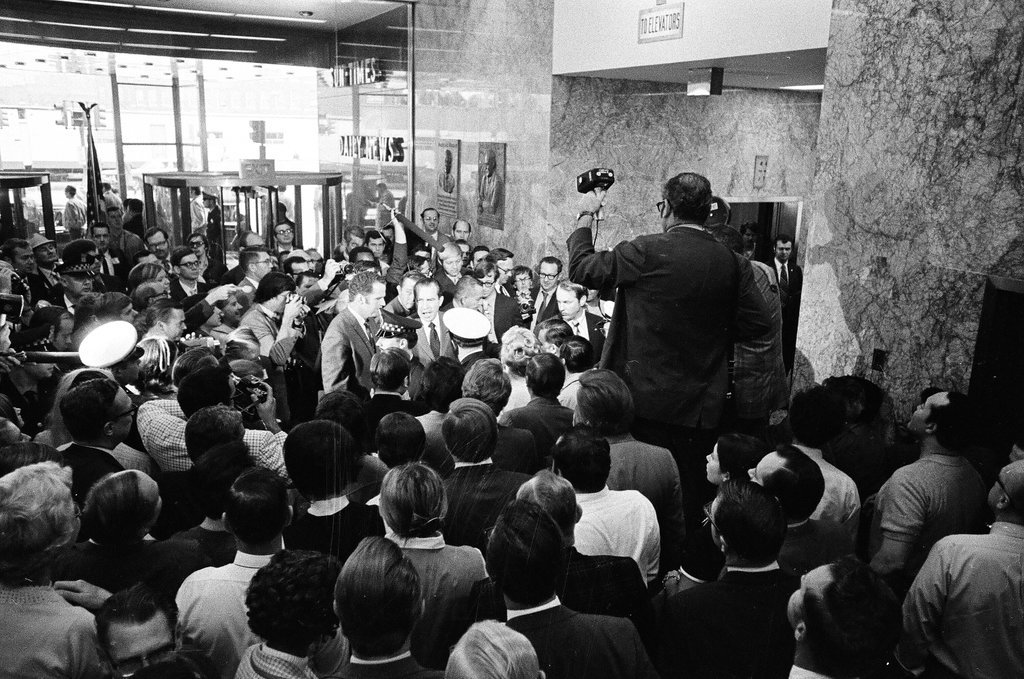 Richard Nixon in the lobby of the Sun Times building - Chuck (Charles) Kirman for Chicago Sun-Times