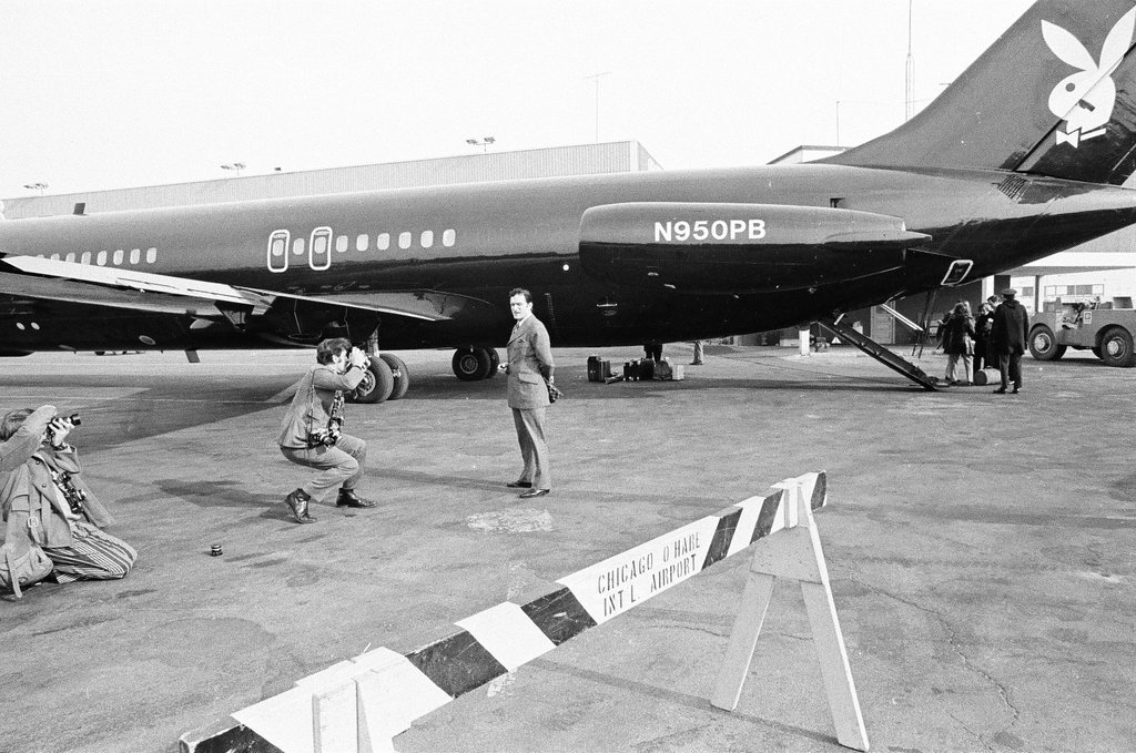 Hugh Hefner with private jet at O'Hare Airport - Jack Dykinga for Chicago Sun-Times