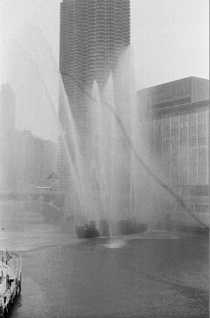 Fire boat on the Chicago River salutes astronauts - Don Burk for Chicago Sun-Times