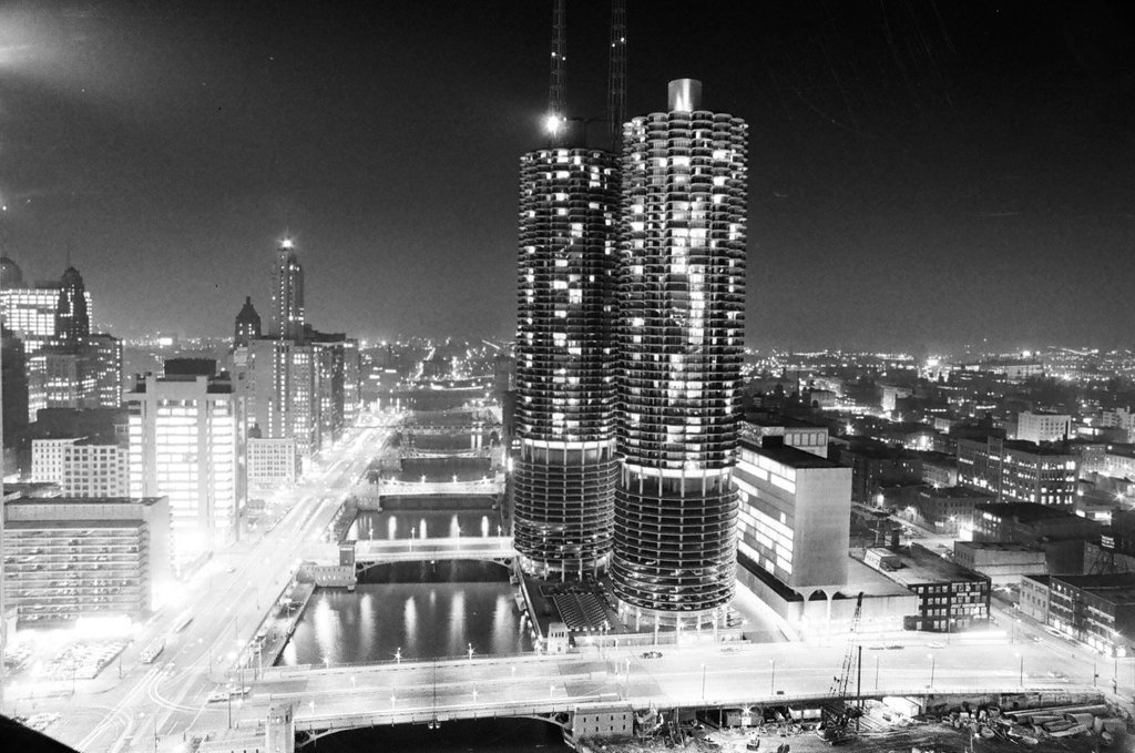 Marina City towers at night - Bob (Robert) Black for Chicago Sun-Times