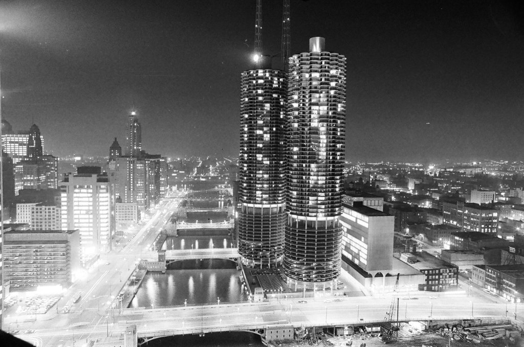 Marina City towers at night - Bob (Robert) Black for Chicago Sun-Times