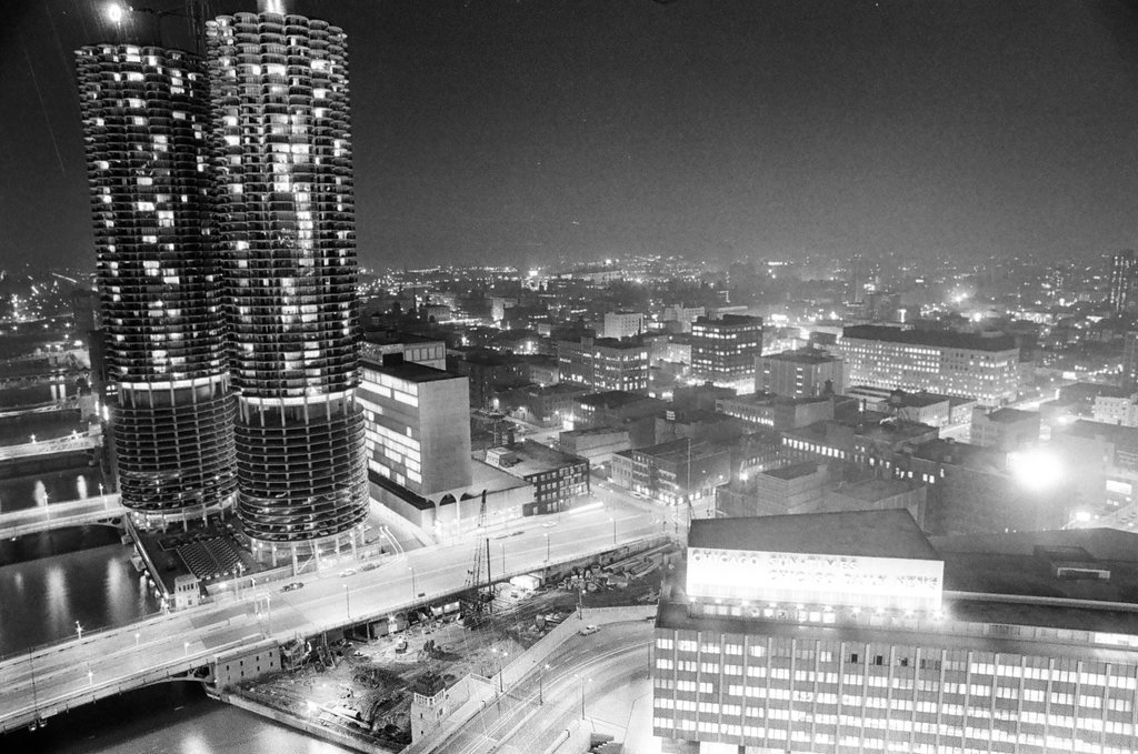 Marina City towers at night - Bob (Robert) Black for Chicago Sun-Times