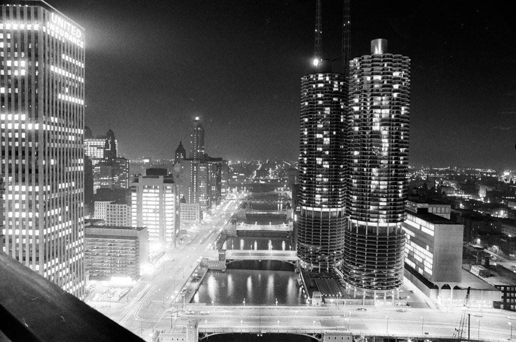 Marina City towers at night - Bob (Robert) Black for Chicago Sun-Times