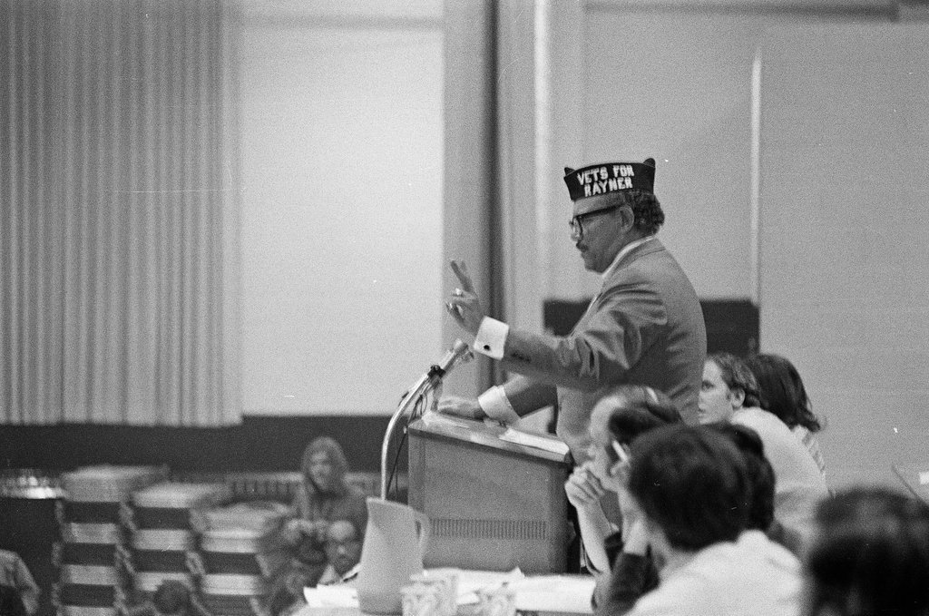 Alderman Sammy Rayner speaking at ant-war convention - Howard D. Simmons for Chicago Sun-Times