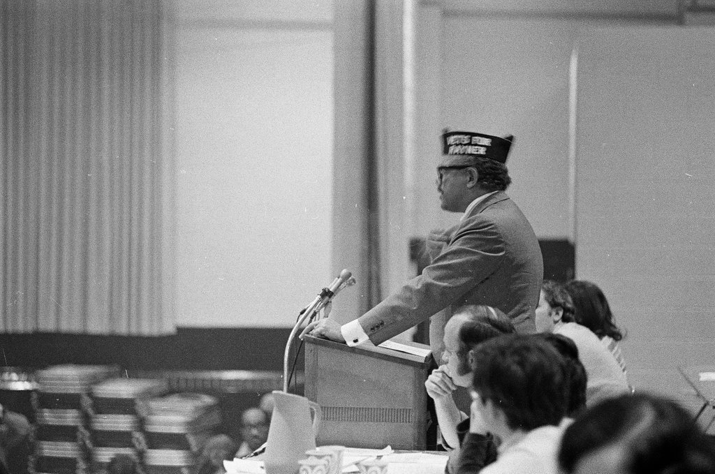 Alderman Sammy Rayner speaking at ant-war convention - Howard D. Simmons for Chicago Sun-Times