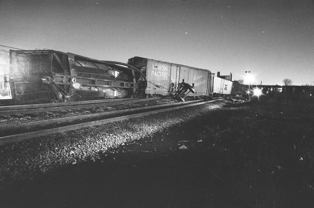 Overturned freight train - Chicago Sun-Times