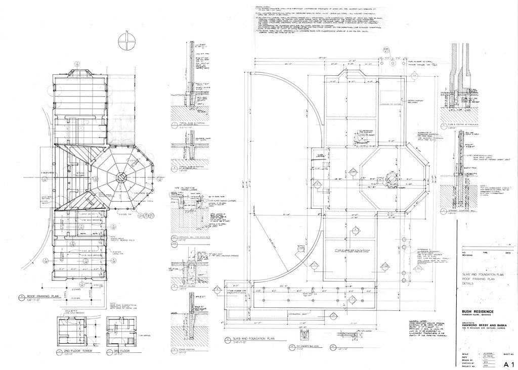 Slab, foundation, and roof framing plan details of the Bush residence - Hammond, Beeby, and Babka