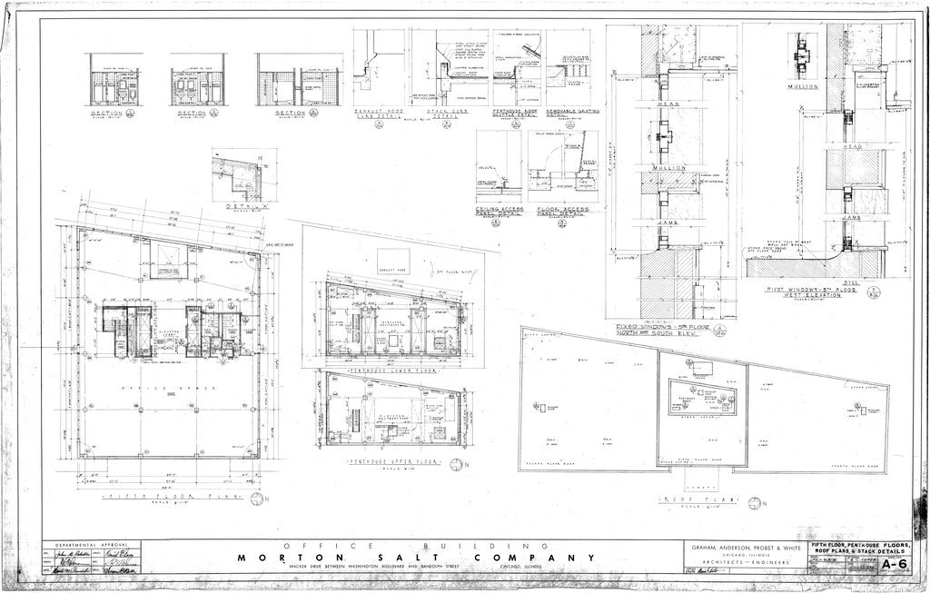 Fifth floor, penthouse floors, roof plans, and stack details for the Morton Salt Company building - Graham, Anderson, Probst, White