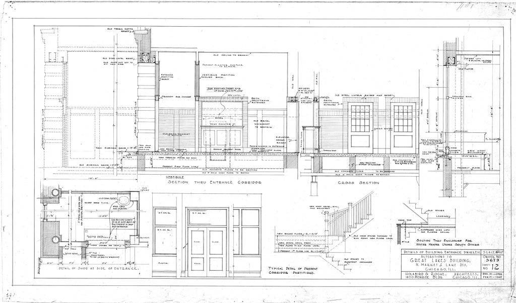 Details of building entrance alterations for the Great Lakes Building - Holabird & Roche