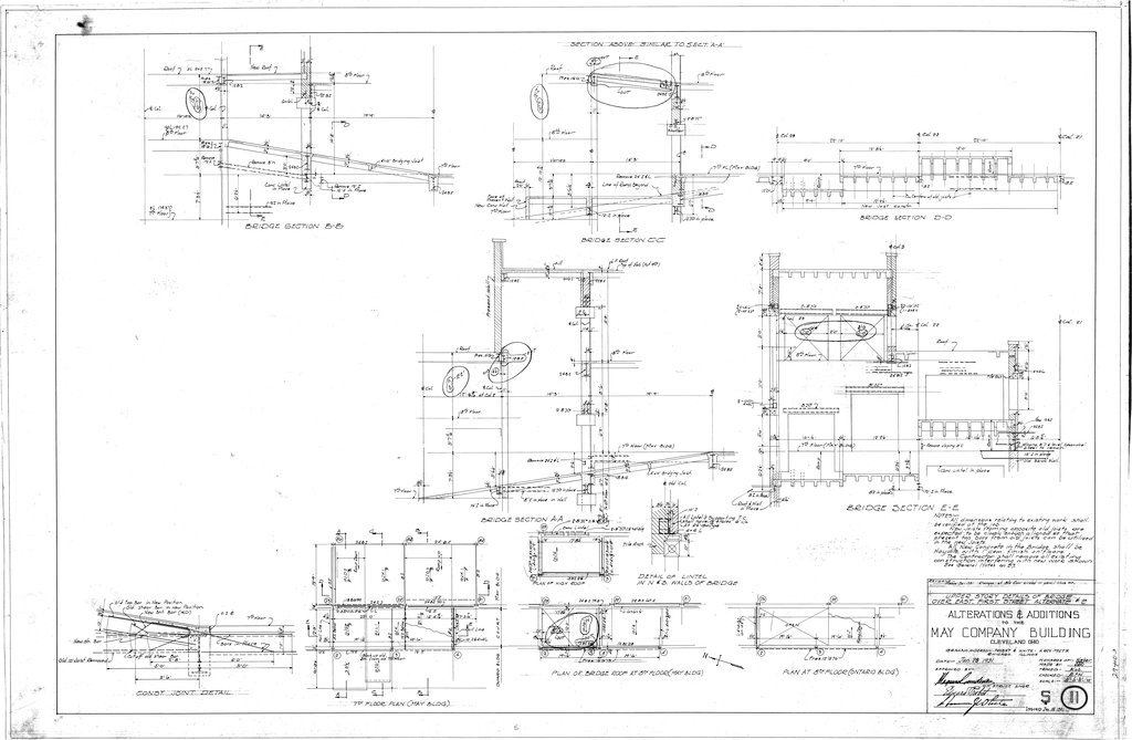 Upper story details of bridge over East First Street, alternate 2, alterations and additions to the May Company Building - Graham, Anderson, Probst, White