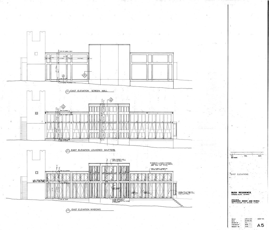 East elevation plan of the Bush residence - Hammond, Beeby, and Babka