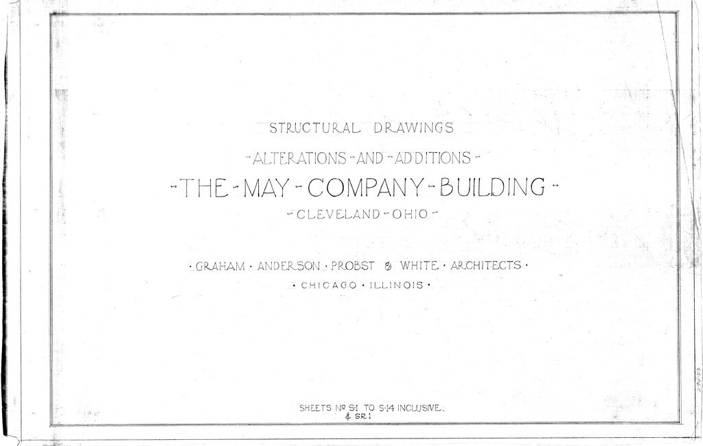 Cover sheet for structural drawings, alterations and additions, for the May Company Building - Graham, Anderson, Probst, White
