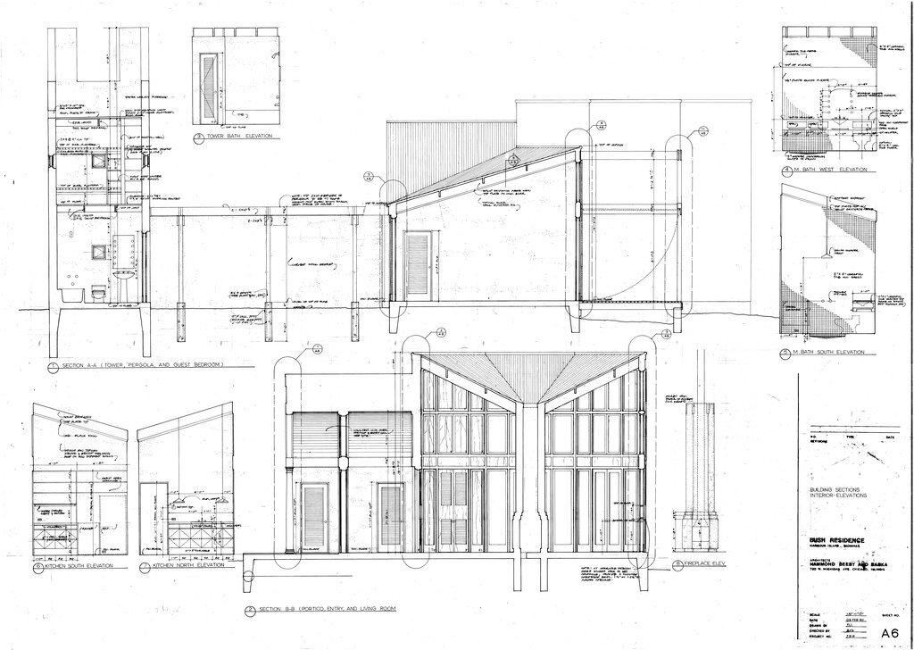 Building sections and interior elevation plans of the Bush residence - Hammond, Beeby, and Babka