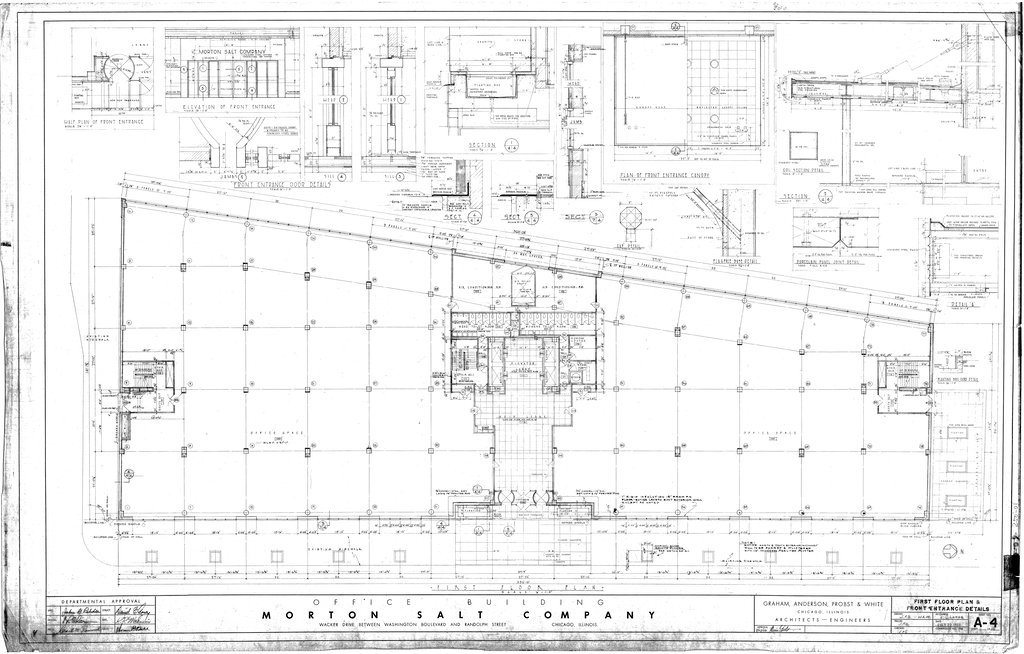 First floor plan and front entrance details for the Morton Salt Company building - Graham, Anderson, Probst, White