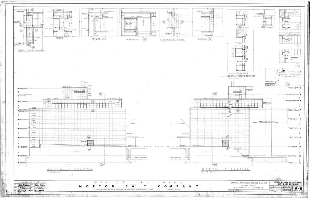 North and South elevations and exit door details for the Morton Salt Company building - Graham, Anderson, Probst, White