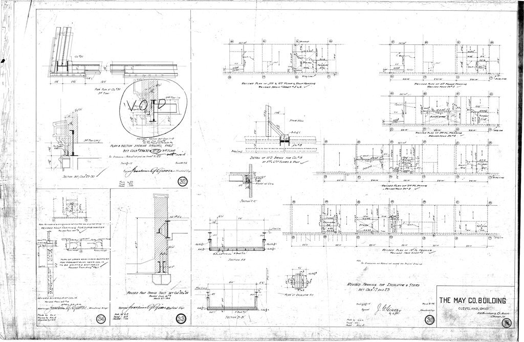 Architectural plan for revised framing for escalators and stairs for the May Company Building - D. H. Burnham & Co.