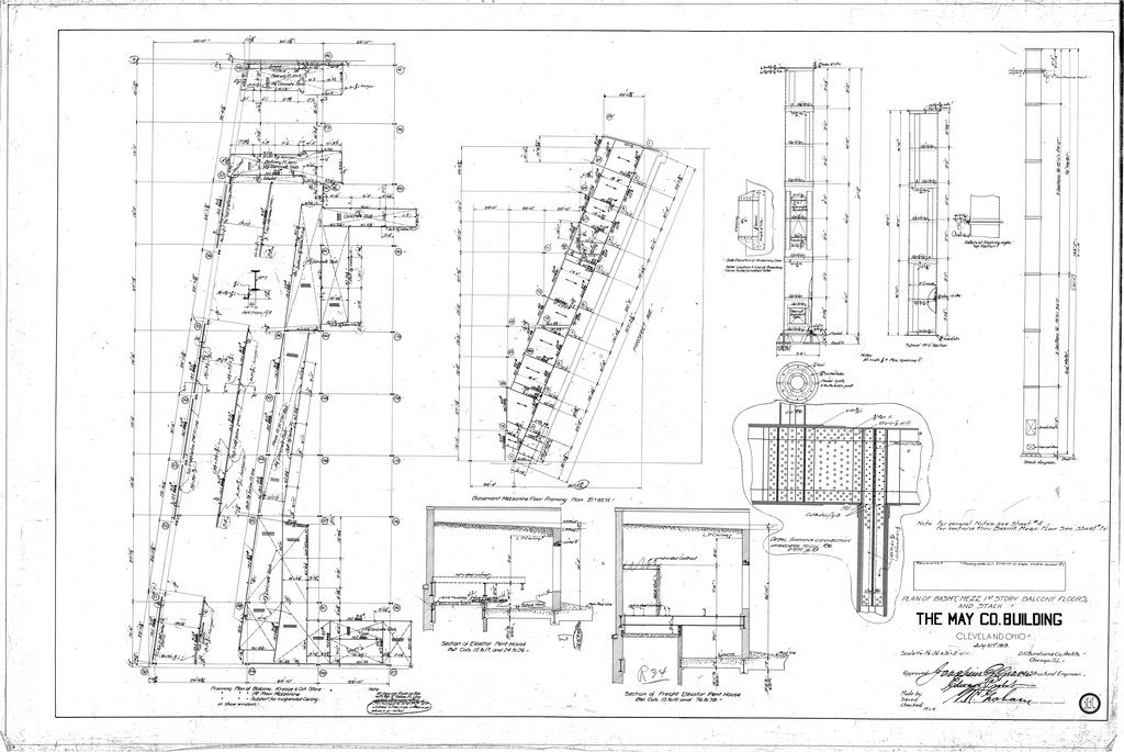 Plan of the basement, mezzanine, 1st story balcony floors, and stack for the May Company Building - D. H. Burnham & Co.