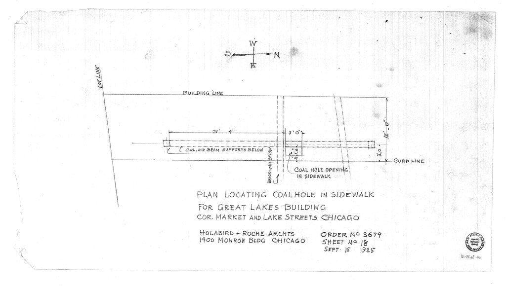 Plan for locating coal hole in sidewalk for the Great Lakes Building - Holabird & Roche