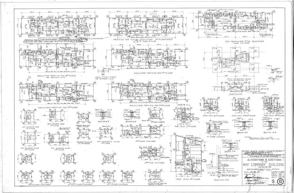 Framing for stair and escalator changes, alterations and additions to the May Company Building - Graham, Anderson, Probst, White