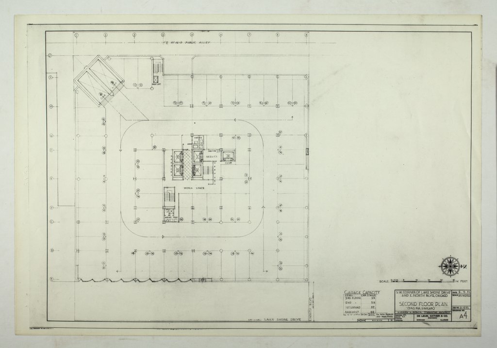 Second floor plan of a garage at Lake Shore Drive and North Avenue - Rebori, Andrew, 1886-1966