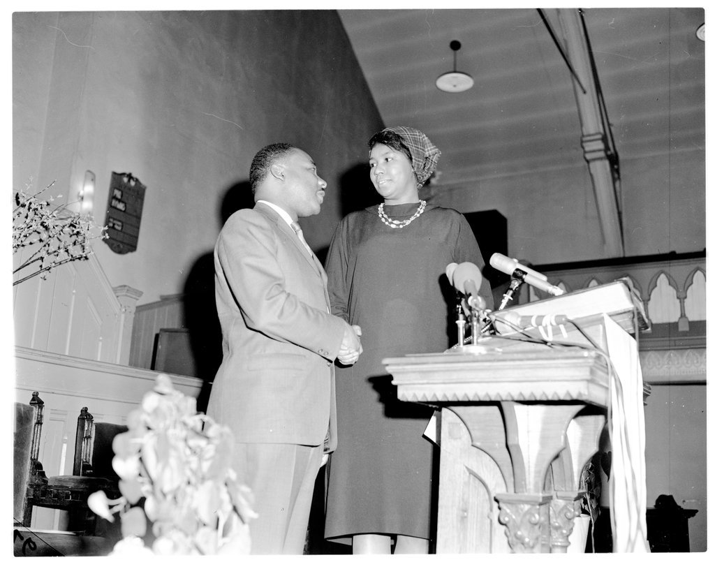 Dr. Martin Luther King Jr. and Mrs. Arthrie Woolridge at rally for Jenner School boycott - Chicago Sun-Times