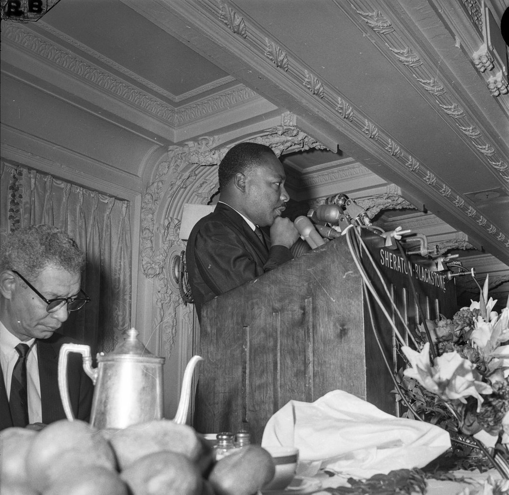 Dr. Martin Luther King Jr. speaking at the Sheraton-Blackstone Hotel - Chicago Sun-Times