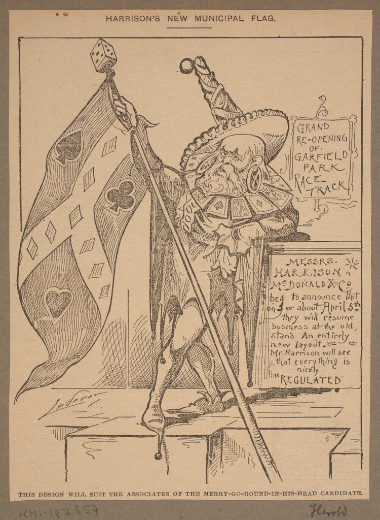 Political cartoon of Harrison's new municipal flag from the Herald - Roewade, Alfred Jensen