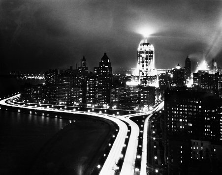 Aerial view of Lake Shore Drive and the Palmolive Building - Hedrich Blessing. From: HB-05548.